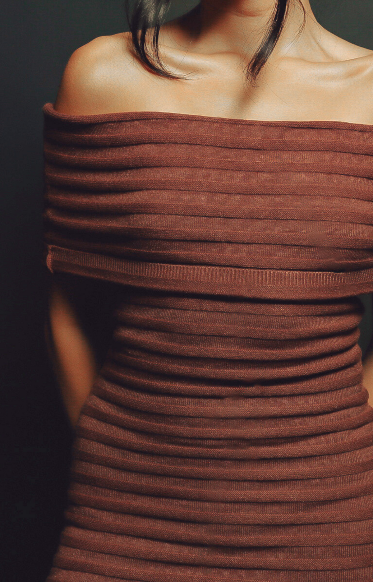 Make a statement with the Theo Off-Shoulder Knit Dress in rich dark chocolate hue. Featuring a chic off-shoulder neckline and subtle stripe pattern, this dress exudes elegance and sophistication. Crafted from ultra-soft, stretchy knit fabric, it offers a flattering fit that's both comfortable and classy. Perfect for date nights, holiday parties, or upscale casual events, the Theo dress is your go-to for effortless style.&nbsp;