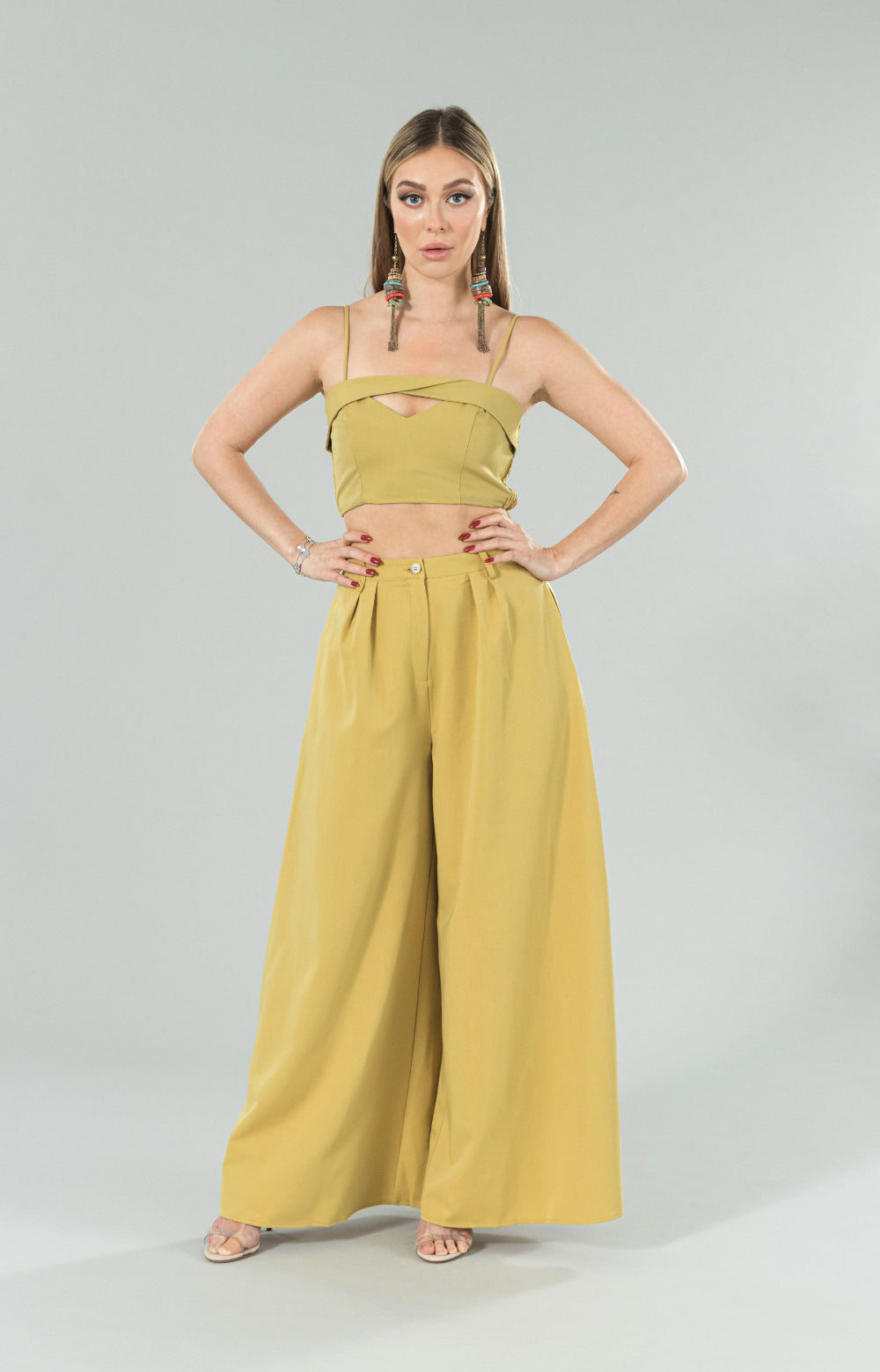 Introducing our Elis wide leg high waisted pants, the perfect addition to your wardrobe. It features a flattering high waist design, wide leg and elastic waistband at back for comfortable fit, and and pockets for added convenience. The front pleats create a sophisticated look, while the wide leg adds a touch of elegance. Made from a beautiful and high-quality fabric, these wide leg pants come in a stunning color that is sure to turn heads.&nbsp;