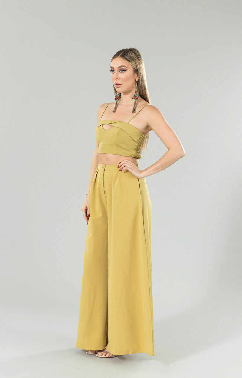 Introducing our Elis wide leg high waisted pants, the perfect addition to your wardrobe. It features a flattering high waist design, wide leg and elastic waistband at back for comfortable fit, and and pockets for added convenience. The front pleats create a sophisticated look, while the wide leg adds a touch of elegance. Made from a beautiful and high-quality fabric, these wide leg pants come in a stunning color that is sure to turn heads.&nbsp;